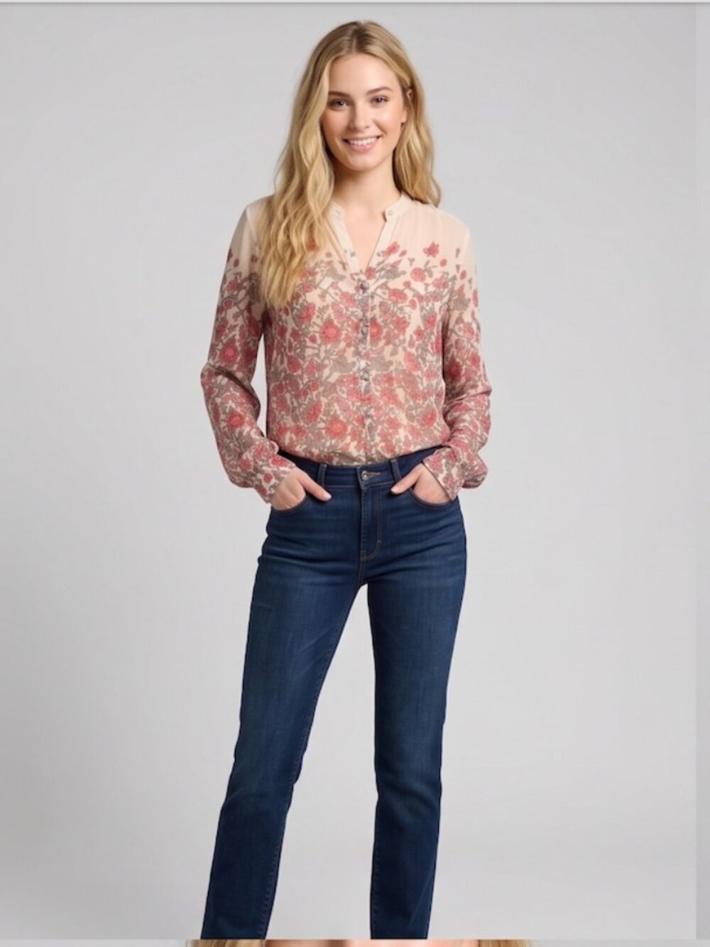 Lucky Brand Floral Sheer Blouse Beige